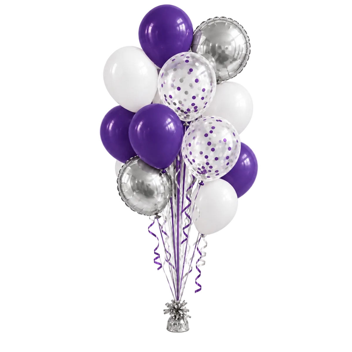A cluster of party balloons in purple, white, and metallic silver, including solid purple and clear balloons with purple confetti, tied together with purple and silver streamers on a silver stand against a white background.